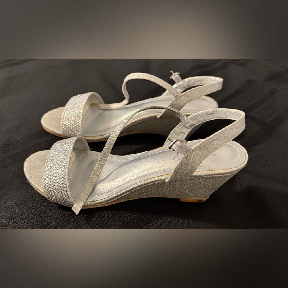 The Shoe Co Taxi Silver Wedge Sandals with Rhinestone Embellishments